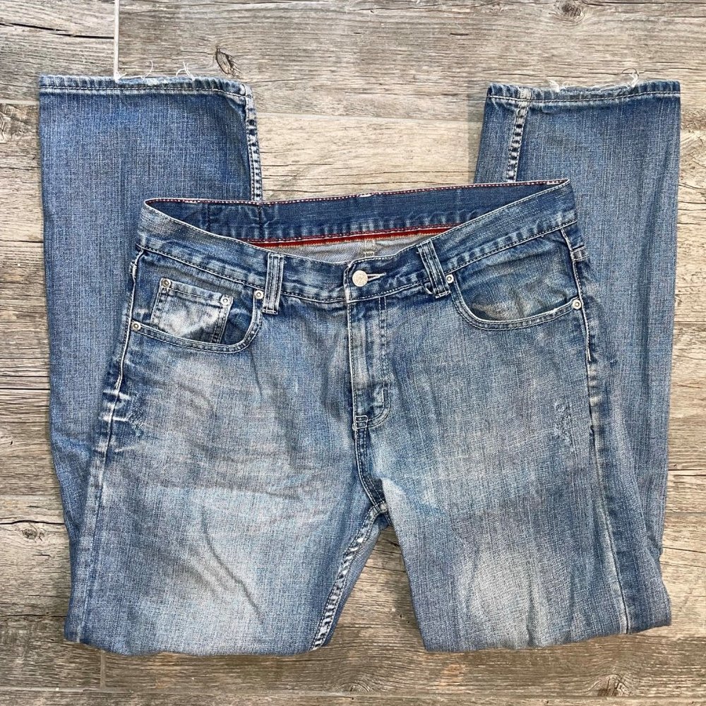 Men 34 x 32 RED CAMEL Slim Straight Distressed Stitched Pocket Light Wash Jeans!